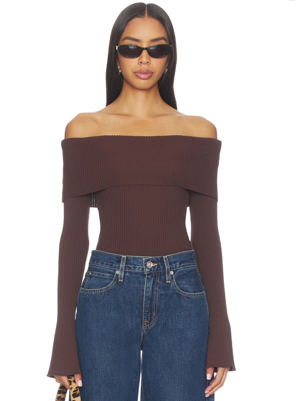 Off-Shoulder Ribbed Long Sleeve Top - Brown